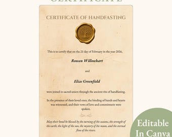 Certificado de matrimonio con el Árbol de la Vida, ceremonia espiritual pagana, recuerdo de matrimonio, ritual wiccano, renovación de votos, editable, Canva, imprimible.