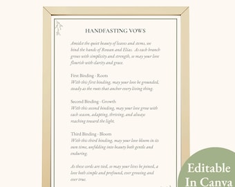 Guiones para atar cordones de handfasting, ceremonia de boda pagana botánica minimalista, ritual de unión, recuerdo wiccano, plantilla editable de Canva imprimible