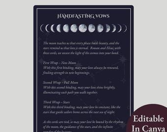 Guiones para atar cordones de matrimonio con luna y estrellas de Wicca, recuerdo de boda pagana celestial, ritual de matrimonio espiritual, editables en Canva, PDF digital