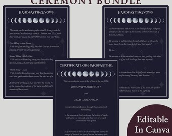 Paquete de matrimonio de luna y estrellas wiccanas, recuerdo de boda pagana celestial, ritual de matrimonio espiritual, editable en Canva, digital, imprimible en PDF.
