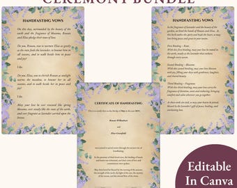 Paquete de ceremonia de unión de manos con motivos florales y botánicos, ritual pagano, certificado de recuerdo, guion de votos, cordón editable, imprimible en Canva.