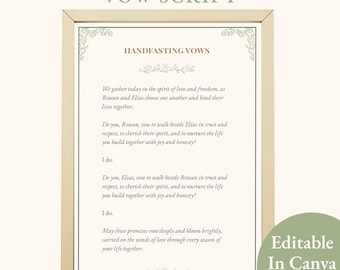 Guión de votos de matrimonio, minimalista, moderno, bohemio, pagano, recuerdo espiritual, plantilla editable de Canva, PDF imprimible