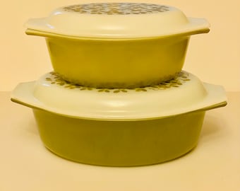 Olive Pattern Green Vintage Pyrex Oval Casserole Dish with  Oval Lid 043 045 1.5 and 2.5 Quart