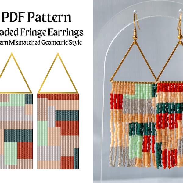 Bead Pattern for Brick Stitch Fringe Beaded Earrings | Bead Weaving Earrings Pattern | Instant Download PDF | Modern Mismatched Geometric