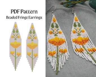 May include: A pair of beaded fringe earrings with a floral design. The earrings are white with yellow and green beads. The earrings are hanging from silver hooks. The image also includes the text "PDF Pattern Beaded Fringe Earrings".