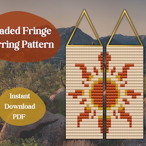 May include: Beaded fringe earring pattern featuring a sun design with orange, yellow, and white beads. The pattern is for instant download as a PDF.