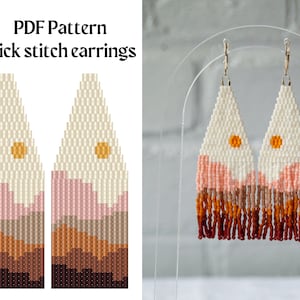 Könnte beinhalten: PDF-Muster für Ziegel-Stich-Ohrringe mit einem geometrischen Bergdesign in Braun-, Orange-, Rosa- und Weißtönen mit einem gelben Sonnendetail.