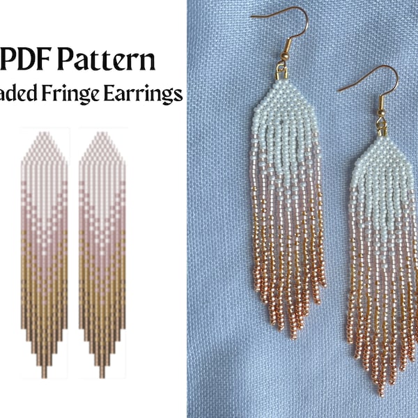 Beaded Earrings Pattern for Brick Stitch with Fringe - Beadwork Ombre Seed Bead Pattern PDF Download