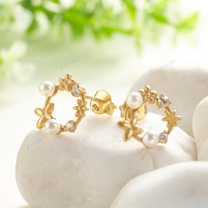 Sterling Silver Tiny Flower Wreath Stud Earrings, Silver or Gold or Rose Gold CZ Circle Flower and Butterfly Stud Earrings