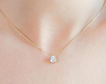 Teardrop Diamond Necklace, Pear Diamond Necklace, Minimalist Jewelry, Perfect Gift for Her