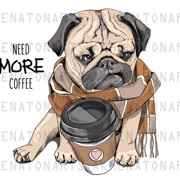 Pug Dog Coffee Png , Dog Sublimation Design , Pug Clipart , T-shirt Design , Digital Download , Instant Digital Download , Dtf