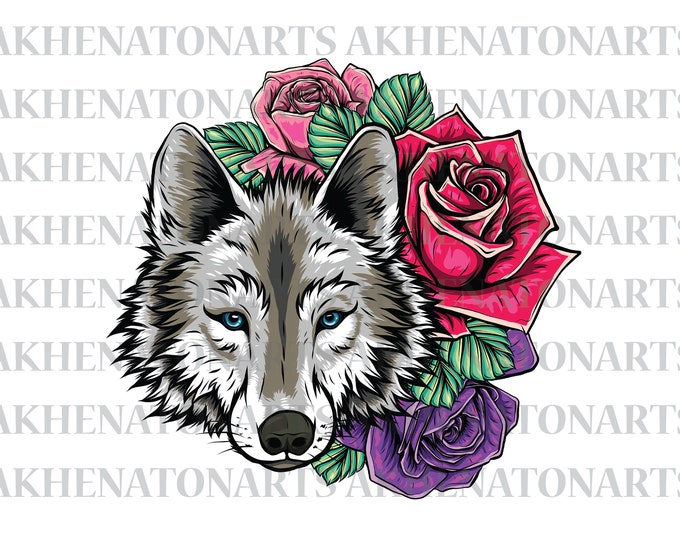 Wolf With Roses Png , Wolf and Roses , Wolf Floral , Wolf Clipart