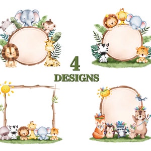 Safari Animals Watercolor Wreath , Jungle Frame Png , 4 Designs , Nursery Decor , Baby Shower , Digital Download