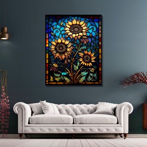 May include: A stained glass window design featuring three sunflowers with yellow petals and brown centers. The sunflowers are surrounded by green leaves and vines. The background is a blue and green mosaic pattern.