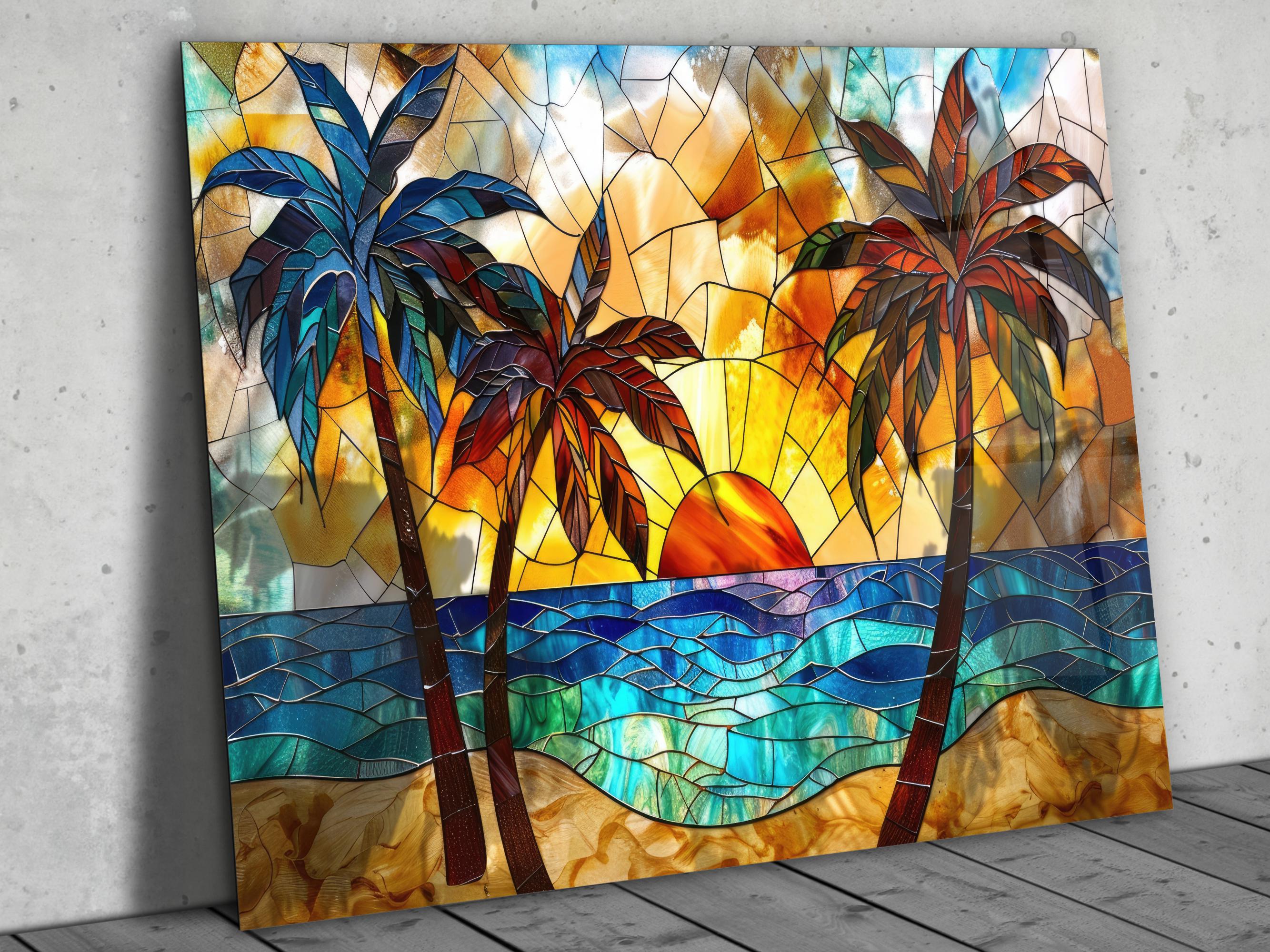Stained Glass Style Wall Art, Palm Tree Ocean Sunset Art, Tropical ...