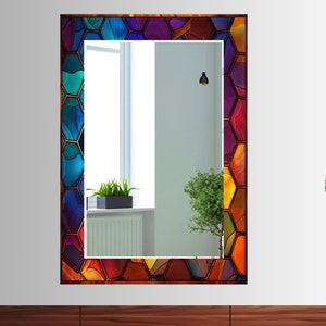 Stained Glass Pattern Wall Mirror Art Work Decor, Mirror Wall Decor for Bedroom, Wall Mirror for Bathroom, Stained Glass Art Design Gift Red image 1