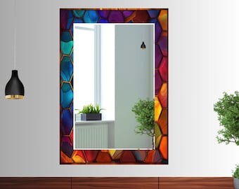 Stained Glass Pattern Wall Mirror Art Work Decor, Mirror Wall Decor for Bedroom, Wall Mirror for Bathroom, Stained Glass Art Design Gift Red