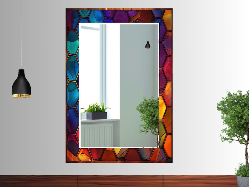 Stained Glass Pattern Wall Mirror Art Work Decor, Mirror Wall Decor for Bedroom, Wall Mirror for Bathroom, Stained Glass Art Design Gift Red image 1