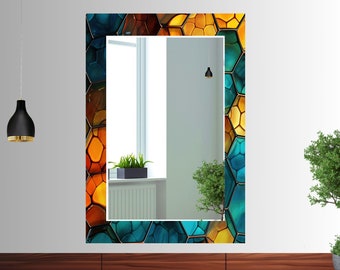 Stained Glass Design Wall Mirror Art Work Large, Bathroom Mirror Wall Decor for Bedroom, Living Room  Stained Glass Pattern Wall Mirror Gift