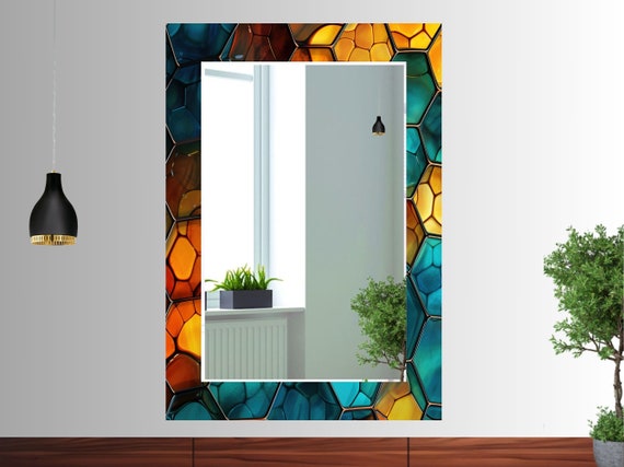 Stained Glass Design Wall Mirror Art Work Large, Bathroom Mirror Wall Decor for Bedroom, Living Room  Stained Glass Pattern Wall Mirror Gift