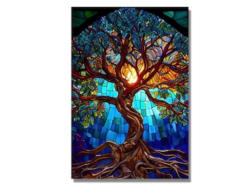 Stained Glass Painting Tree of Life, Stained Glass Window Glass Wall Art Work , Home Wall Decor, Wall Hangings Art Deco Panel, Stepdad Gift