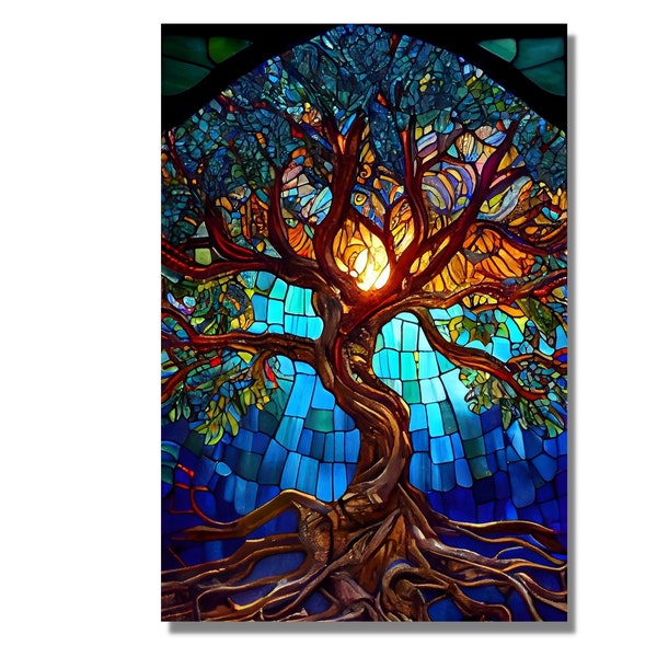 Stained Glass Painting Tree of Life, Stained Glass Window Glass Wall Art Work , Home Wall Decor, Wall Hangings Art Deco Panel, Stepdad Gift