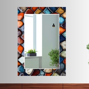 Colorful Mosaic Design Large Wall Mirror, Bathroom Mirror for Vanities, Entryway Hallway Mirror, Makeup Mirror for Bedroom, Home Wall Decor