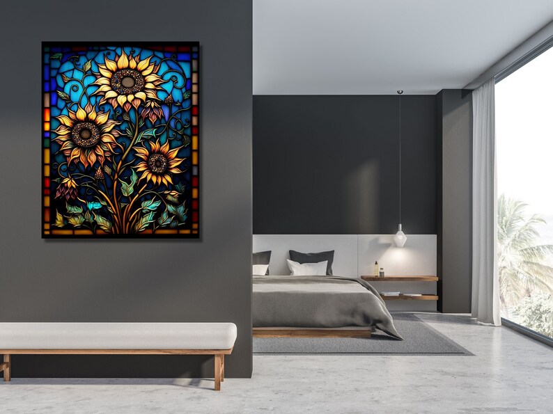 May include: A stained glass window design featuring a cluster of sunflowers with yellow petals and brown centers. The sunflowers are set against a blue background with intricate details in red, green, and orange.