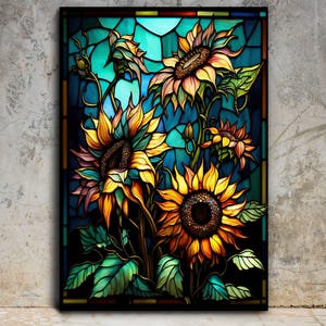 Puede incluir: Un dise&ntilde;o de vitral con cuatro girasoles en tonos amarillos, naranjas y marrones. Los girasoles est&aacute;n sobre un fondo azul y verde con contornos negros.