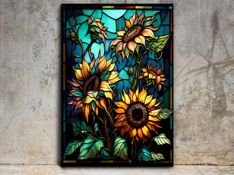 Puede incluir: Un dise&ntilde;o de vitral con cuatro girasoles en tonos amarillos, naranjas y marrones. Los girasoles est&aacute;n sobre un fondo azul y verde con contornos negros.