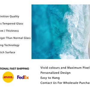May include: A close-up of a glass print featuring an aerial view of a beach with turquoise water and white waves crashing on the shore. The print is 0.2 inches thick and made of tempered glass. It is 10 times stronger than normal glass and features UV printing technology for vibrant colors and a scratch-resistant surface.