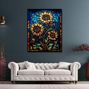 Puede incluir: Un dise&ntilde;o de vitral con tres girasoles con p&eacute;talos amarillos y centros marrones. Los girasoles est&aacute;n rodeados de hojas verdes y enredaderas. El fondo es un patr&oacute;n de mosaico azul y verde.