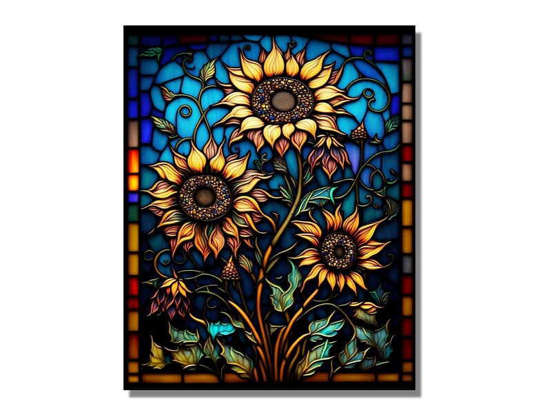 May include: A stained glass window design featuring three sunflowers with yellow petals and brown centers. The sunflowers are surrounded by green leaves and vines on a blue background.