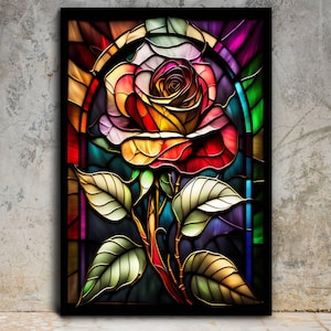 May include: A stained glass window depicting a colorful rose with green leaves. The rose is made up of red, orange, yellow, pink, and purple glass pieces. The leaves are made up of green glass pieces.