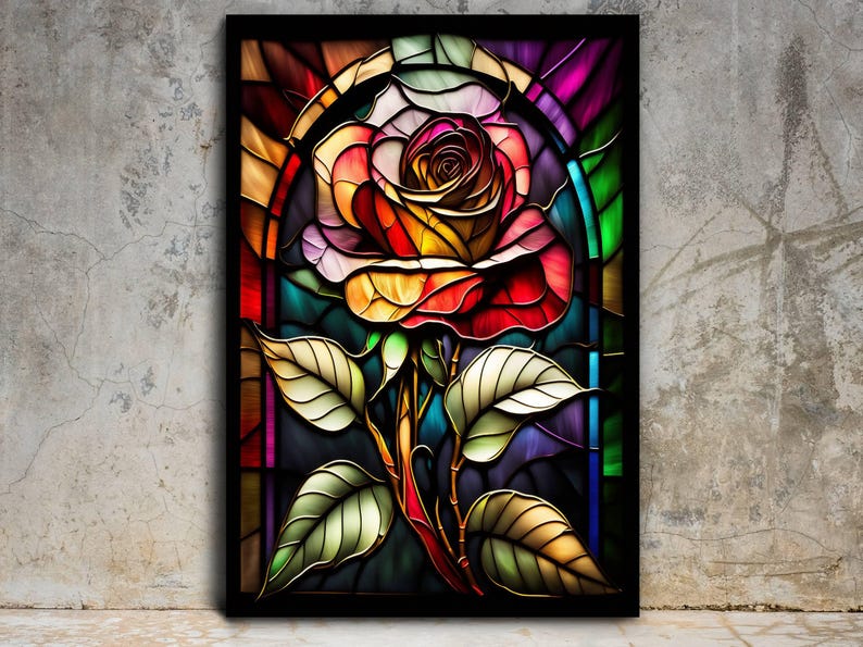 May include: A stained glass window depicting a colorful rose with green leaves. The rose is made up of red, orange, yellow, pink, and purple glass pieces. The leaves are made up of green glass pieces.