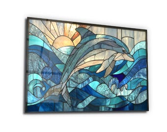 Stained Glass Style Dolphin Wall Art, Ocean Waves Window Hanging, Coastal Beach Decor