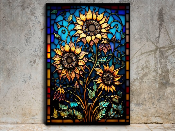 Stained Glass Painting Art Work, Stained Glass Window Wall Hangings, Stain Glass Flower Pattern Gift, Home&Office Glass Wall Art Decor Gift