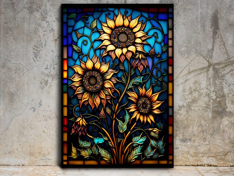 Puede incluir: Un dise&ntilde;o de vitral con tres girasoles con p&eacute;talos amarillos y centros marrones. Los girasoles est&aacute;n rodeados de hojas y enredaderas verdes. El fondo es un degradado azul y morado.