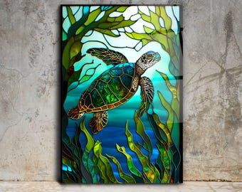 Sea Life Turtle Glass Wall Art Decor: Stained Glass Style Window Hanging Panel