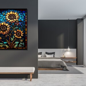 Puede incluir: Un dise&ntilde;o de vitral con un grupo de girasoles con p&eacute;talos amarillos y centros marrones. Los girasoles est&aacute;n sobre un fondo azul con intrincados detalles en rojo, verde y naranja.