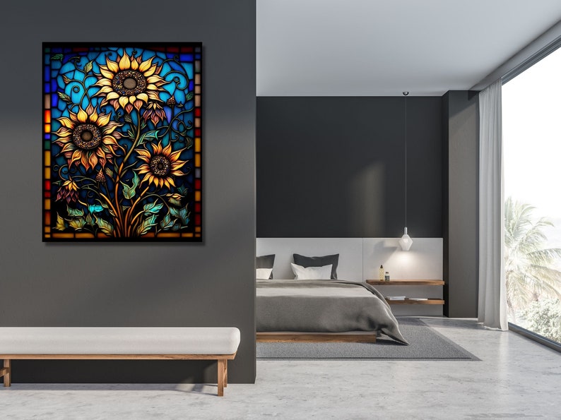 Puede incluir: Un dise&ntilde;o de vitral con un grupo de girasoles con p&eacute;talos amarillos y centros marrones. Los girasoles est&aacute;n sobre un fondo azul con intrincados detalles en rojo, verde y naranja.