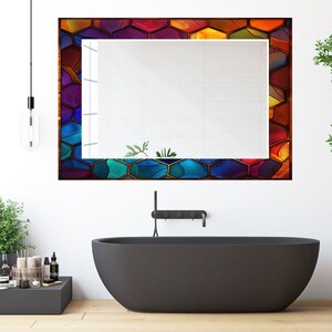 Stained Glass Pattern Wall Mirror Art Work Decor, Mirror Wall Decor for Bedroom, Wall Mirror for Bathroom, Stained Glass Art Design Gift Red image 6