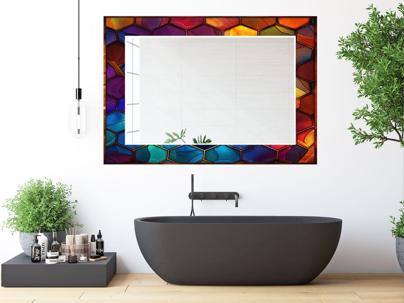 Stained Glass Pattern Wall Mirror Art Work Decor, Mirror Wall Decor for Bedroom, Wall Mirror for Bathroom, Stained Glass Art Design Gift Red image 6