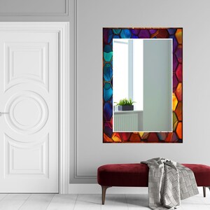 Stained Glass Pattern Wall Mirror Art Work Decor, Mirror Wall Decor for Bedroom, Wall Mirror for Bathroom, Stained Glass Art Design Gift Red Vercital