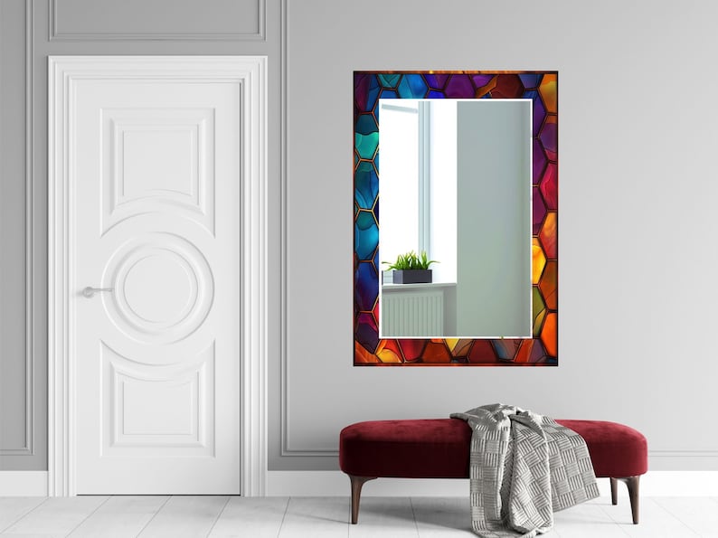 Stained Glass Pattern Wall Mirror Art Work Decor, Mirror Wall Decor for Bedroom, Wall Mirror for Bathroom, Stained Glass Art Design Gift Red Vercital