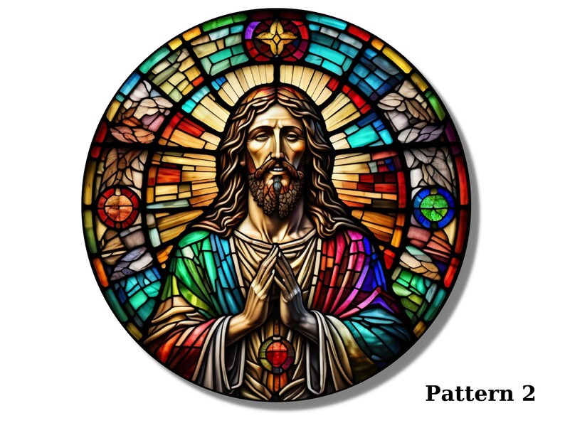 May include: A stained glass window depicting Jesus Christ with a colorful background. The image is circular and features a halo around Jesus' head.