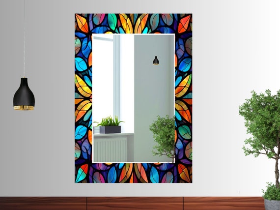 Stained Glass Pattern Wall Mirror Large, Entryway Mirror Wall Decor for Bedroom, Bathroom Mirror for Vanities, Stained Glass Mirror Art Work