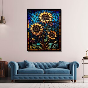 May include: A stained glass window design featuring three sunflowers with yellow petals and brown centers. The sunflowers are surrounded by green leaves and vines. The background is a blue and green gradient with a red and orange border.