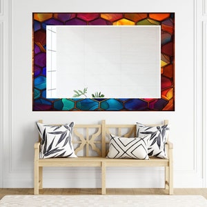 Stained Glass Pattern Wall Mirror Art Work Decor, Mirror Wall Decor for Bedroom, Wall Mirror for Bathroom, Stained Glass Art Design Gift Red image 9