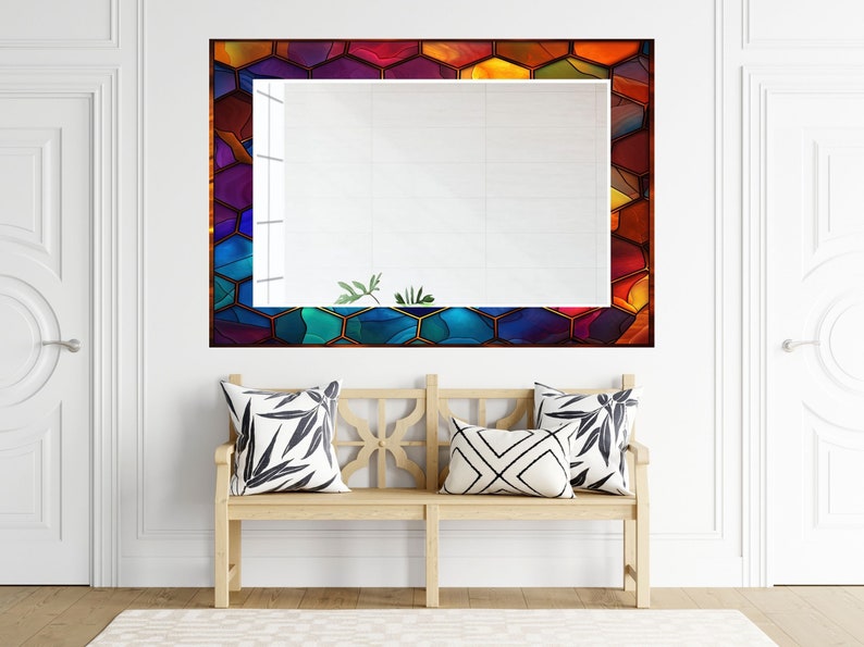 Stained Glass Pattern Wall Mirror Art Work Decor, Mirror Wall Decor for Bedroom, Wall Mirror for Bathroom, Stained Glass Art Design Gift Red image 9
